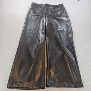 LOFT The Palmer Wide Leg Pants Women 6 Black Faux Leather High Rise Patch Pocket
